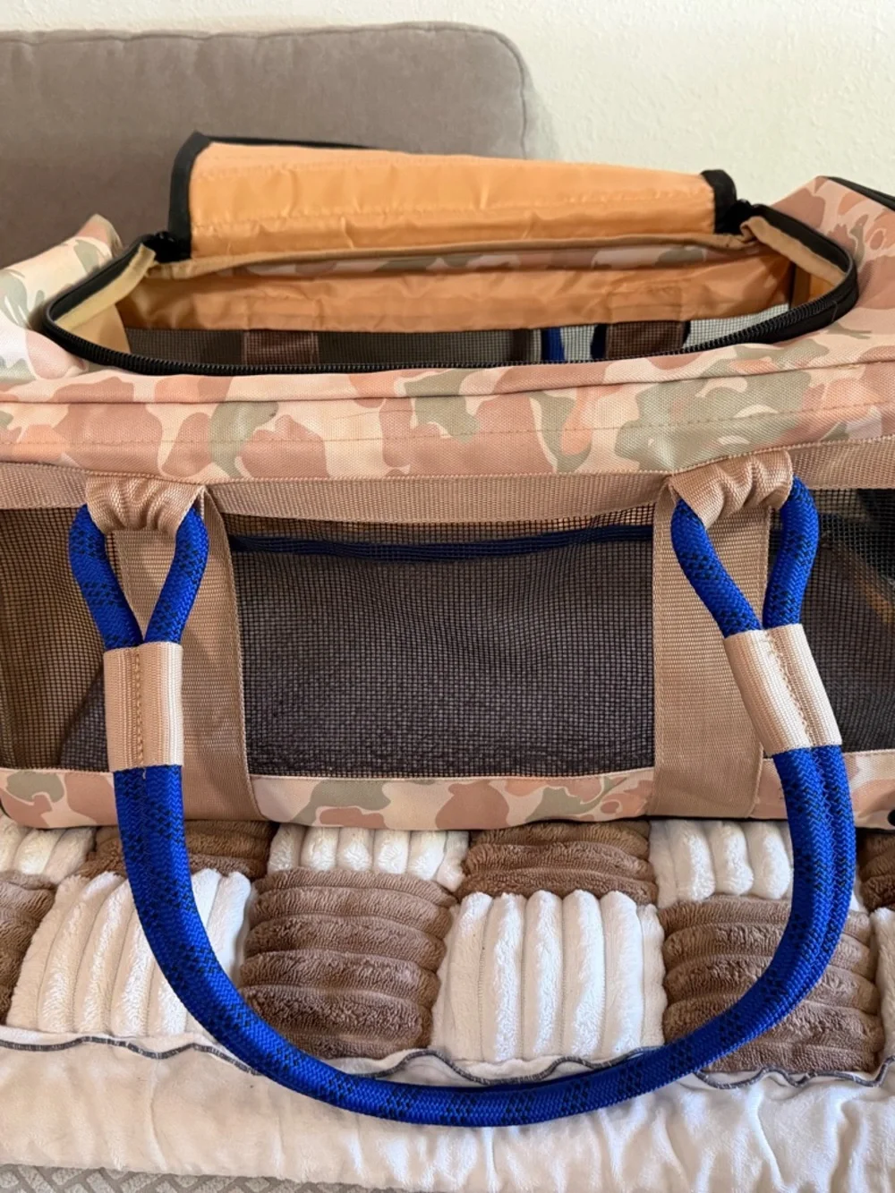 Camouflage Pet Carrier with Blue Rope Handles